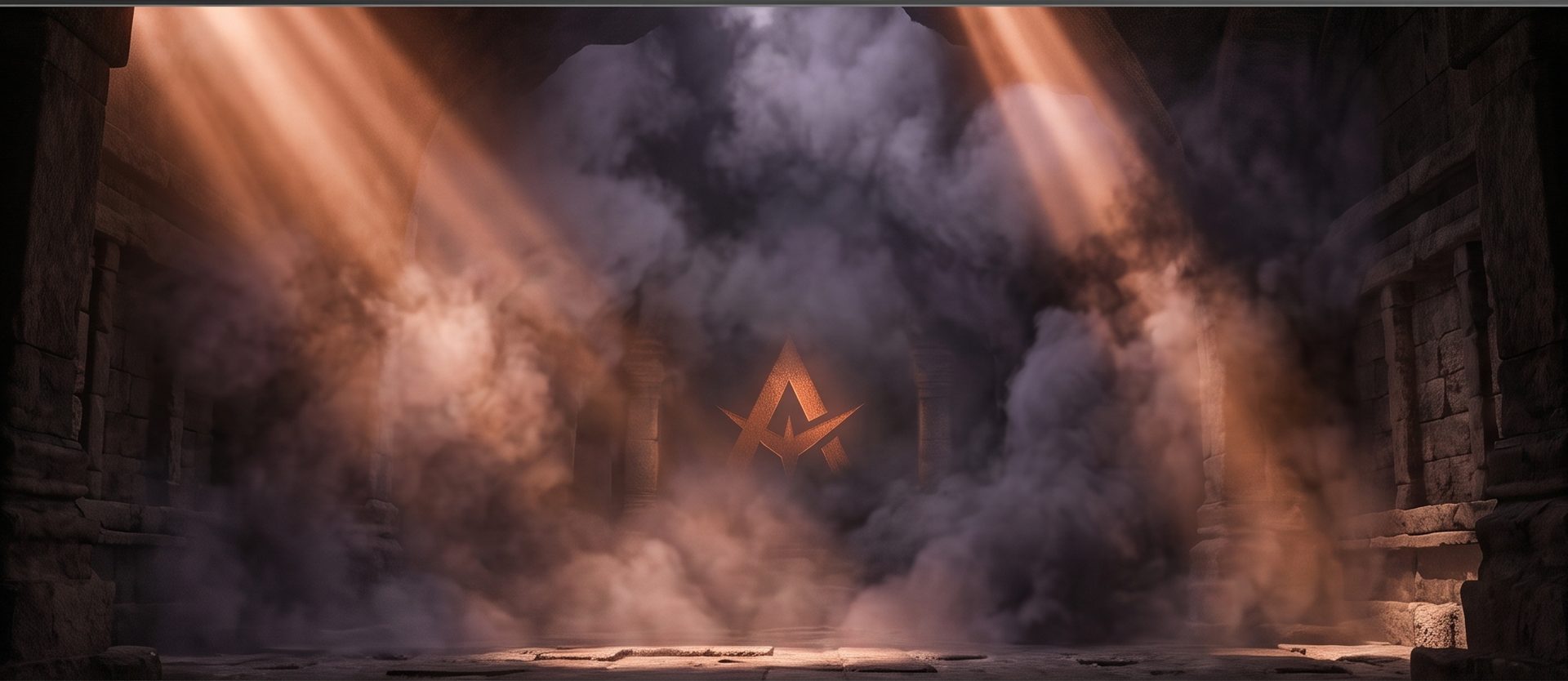 The APOC mark lit by shafts of light in a ruined stone hall