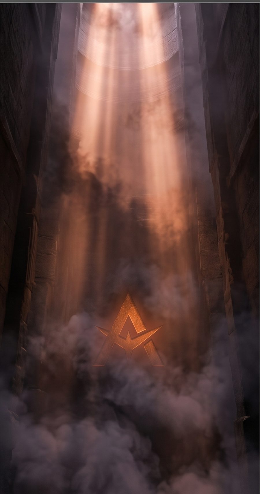 The APOC mark lit in a shaft of light through smoke